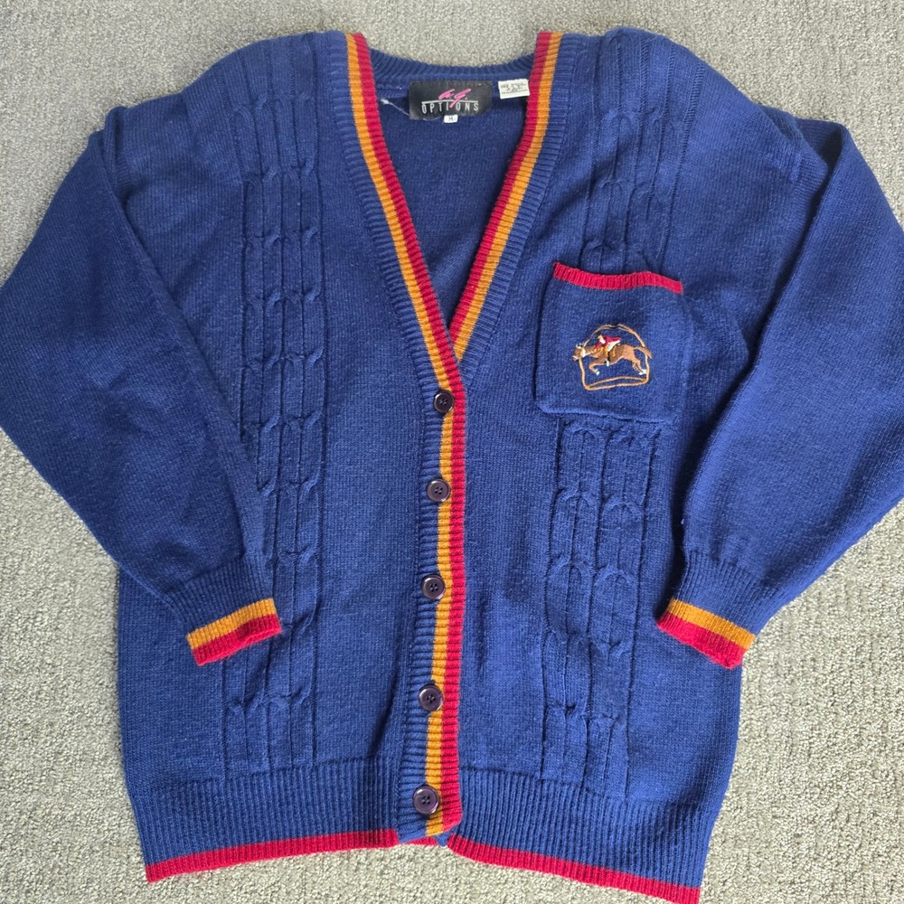 Vintage 1980s Women's Equestrian Cardigan M Navy Cable Knit Horse Crest Preppy